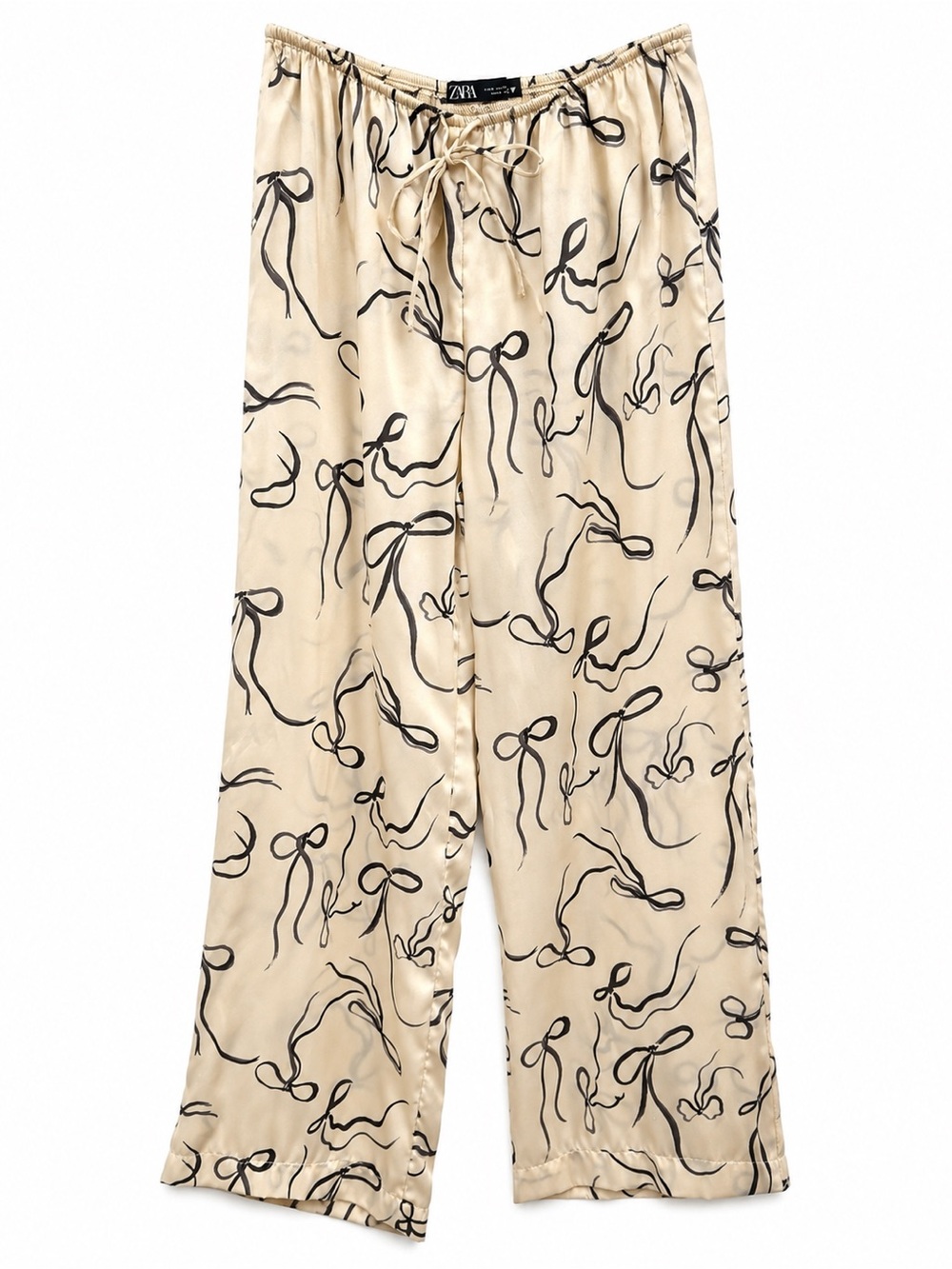 Zara Satin Bow Print Wide Leg Drawstring Pants Cream Black Size M